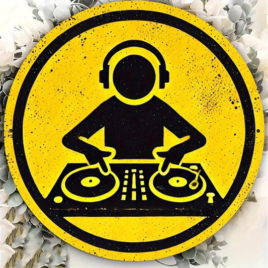 1pc Vintage DJ Themed Iron Sign, 8x8 inches, Circular Wall Art, Multipurpose Home/Room/Restaurant/Bar/Café/Garage Decor, Wall Hanging, No Electricity Needed by Unknown