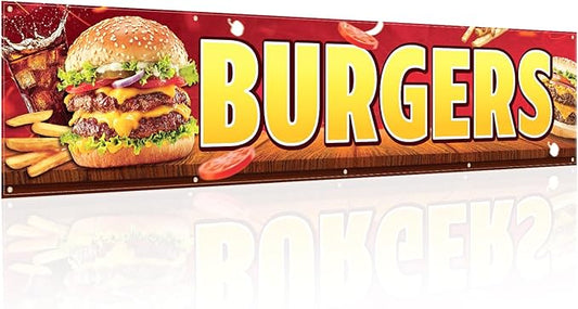Tegeme Burgers Banners 2 x 10 Ft/ 24 x 120 Inch Large Oxford Fabric Polyester Hamburger Banner Sign with 10 Grommets for Easy Hang Indoor Outdoor