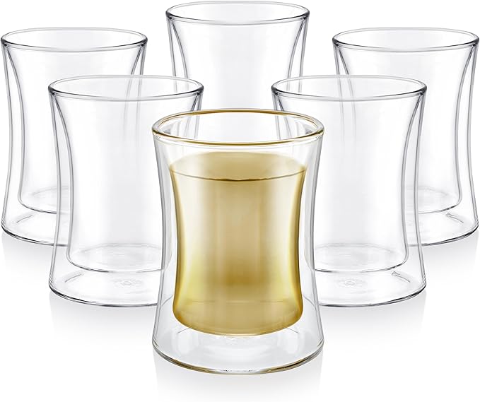 Teabloom Modern Insulated Turkish Tea Glasses - Set of 6 Double Walled Glass Teacups (6 oz / 177 ml)