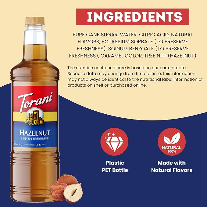 Torani Hazelnut Syrup 1 Liter Bottle with Pump – Premium Coffee Flavoring Made with Pure Cane Sugar & Natural Flavors for Lattes, Cappuccinos, Desserts, Cocktails & More – Rich Nutty Sweetener - Image 6