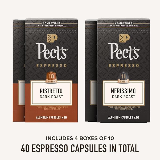 Peet's Coffee, Dark Roast Espresso Capsules Variety Pack, Compatible with Nespresso Original Machine, 100% Arabica Coffee - Intensity 10-11, 40 Count (4 Boxes of 10 Espresso Capsules)