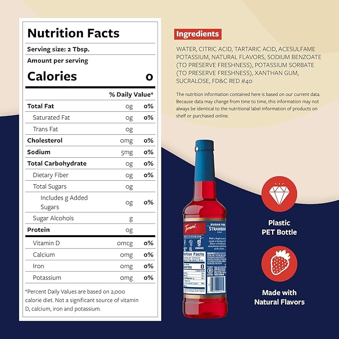 Torani Sugar Free Syrup, Strawberry, Zero-Calorie Flavoring for Drinks, Pump Included, 25.4 Oz