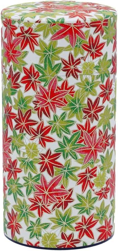 Washi Paper Tea Tin Canister: Long 7oz (200g) Maple (#148), Japan