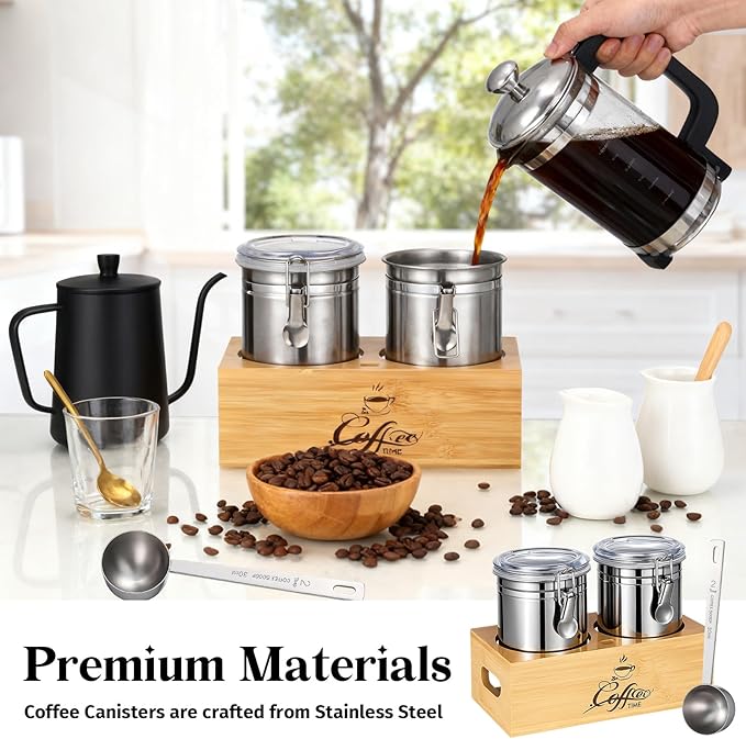 Vesici 2 Pcs Coffee Canister with Shelf & Scoop, 2 x 54 Fl oz Airtight Bean Storage Canister, Stainless Steel Coffee and Sugar Jar Set, Sugar Holder Containers for Cafe Bar Countertop, Kitchen Storage