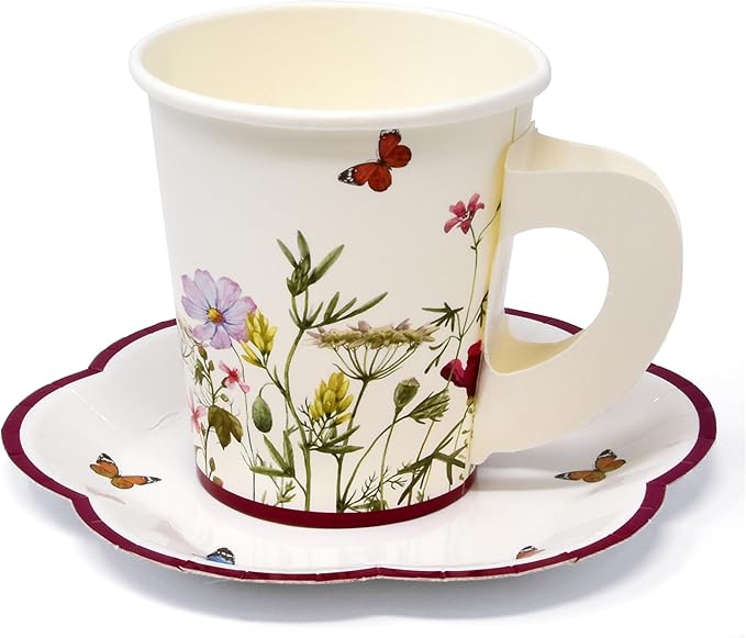 Gift Boutique 24 Tea Party Cups Disposable 5 Oz 24 Saucers Paper Plate Floral Wildflower Butterfly Teacup Set with Handles for Kids Girls Birthday