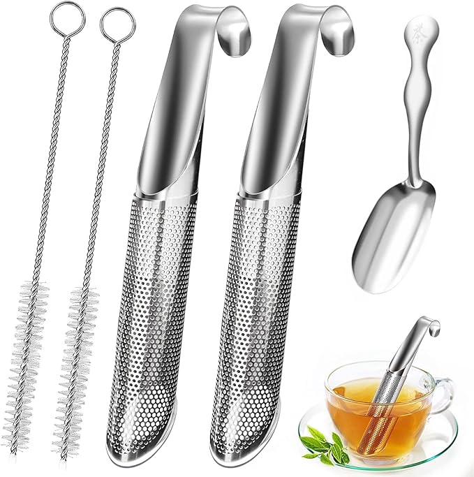 2 Pcs Stainless Steel Tea Infusers with Tea Scoop and Cleaning Brush, Long Hanging Handle, Silver