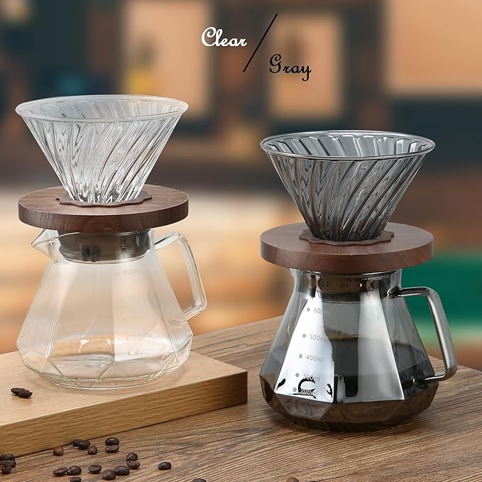 Pour Over Coffee Maker, 20 oz Borosilicate Glass Carafe with 100 pcs Paper Filter, Walnut Handle & Glass Lid, Drip Coffee Maker for Home Café Restaurant Camping, 600 ml, Gray