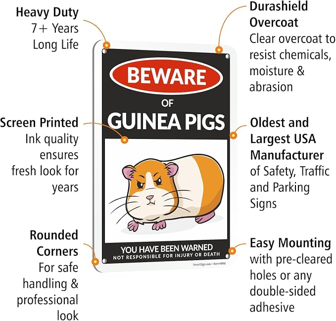 SmartSign Funny Beware Of Guinea Pigs Warning Sign - 10"x7", 40 mil Laminated Rust-free Aluminum - Metal Signs for Wall Decor, Outdoors, Patio, Cafe - Guinea Pigs Theme Gag Gift, Made in USA - Image 4