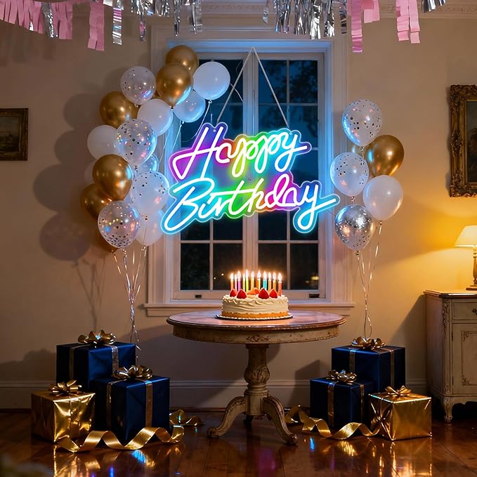 Happy Birthday Sign for Wall Decor, RGB Led Happy Birthday Decorations For Party And Remote Control, USB Powered Dimmable Neon Light.Corlorful Happy Birthday Light Up Sign.