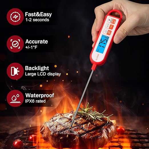 Digital Meat Thermometer Instant Readings in 1-2 Seconds Food Thermometer with Extended Probe Waterproof for Cooking, Confectionery Making, Barbecuing and as a Gift for Friends and Family