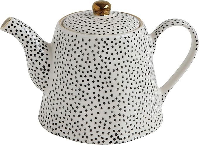 White Stoneware Teapot with Black Speckles & Gold Electroplating