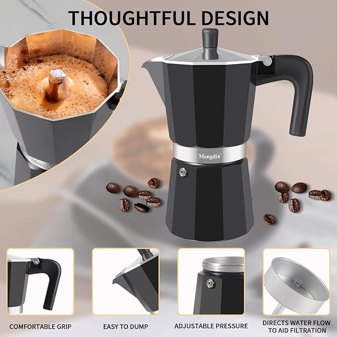 Mongdio Stovetop Espresso Maker Moka Pot, Stove Top Cuban Coffee Maker, Italian Greca Mocha Pot, 12 Espresso Cups, 20 oz - Black
