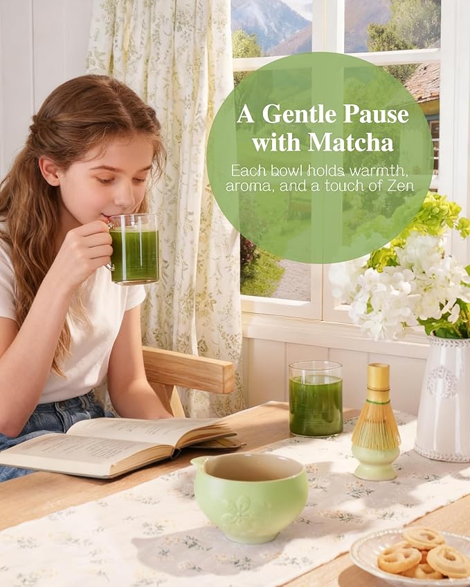 ZENS Matcha Whisk Set, Matcha Kit Set, Matcha Bowl with Spout, Bamboo Whisk & Scoop, Chasen Holder, 304 Sifter & Tea Mat, 6pcs Japaness Matcha Kit for Matcha Lovers, Birthday Gift, Pale Green