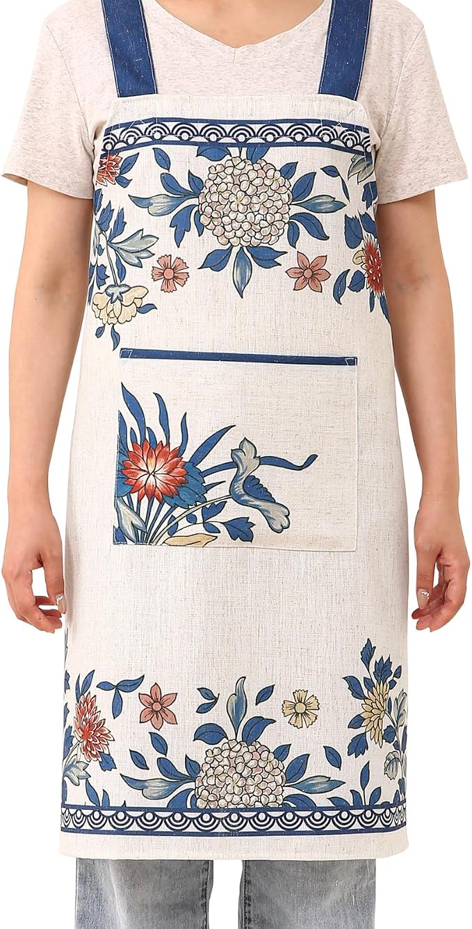 patdrea Blue Floral Linen Apron with Pocket,French Kitchen Garden Chef BBQ Aprons for Women and Men,Crisscross Back Straps - Image 2