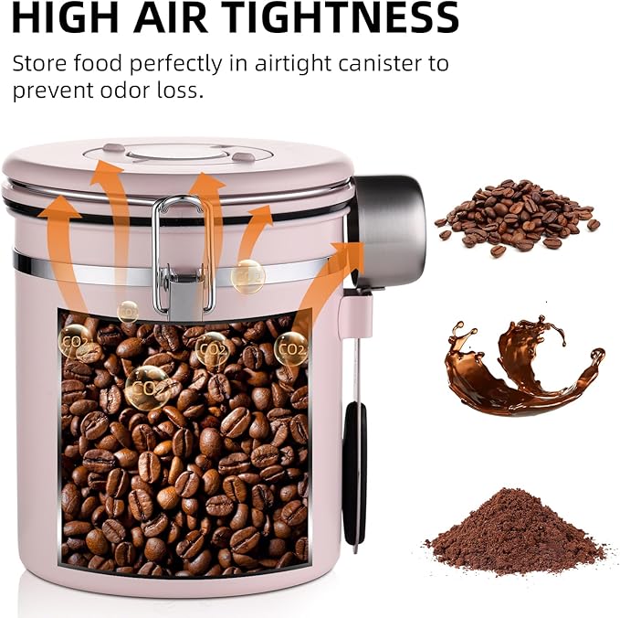 Bincoo Premium Pink Coffee Canister, 1500ml/18oz Large Airtight Stainless Steel Coffee Bean Storage Container with Date Tracker & Scoop (1500ML)