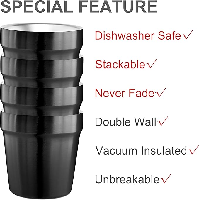 Youda Stainless Steel Double Walled Insulated Cups Stackable, 6oz Coffee Cup/Tea Cup/Chilling Beer Glasses, Great for Toddlers, for Travel, Outdoor, Camping&Everyday(Black)