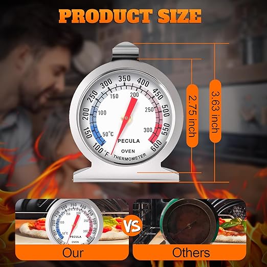 Stainless Steel Oven Thermometer 50-300°C/100-600°F, Analog Instant Read, Battery-Free Kitchen Cooking Thermometer, Hook & Stand Design Food Thermometer for Oven, Grill, Smoker, Fryer