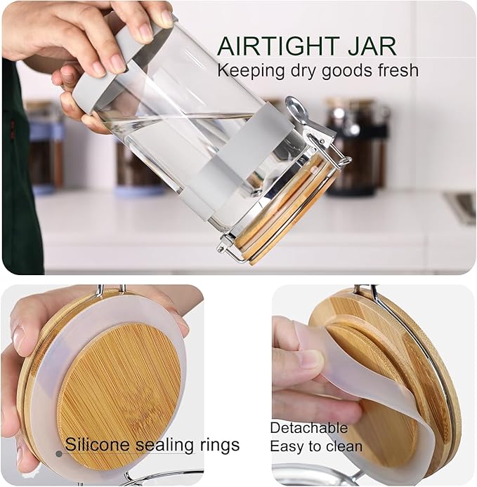 Airtight Clear Glass Coffee Bean Storage Container with Scoop,40oz (1200ML) Glass Jar Canister with Bamboo Clamp Lid for Whole Bean, Ground & Espresso - Perfect Jar for Kitchen Countertop & Coffee Bar