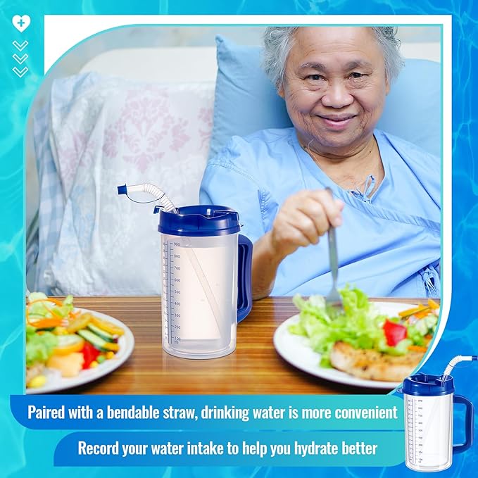 32 oz Hospital Water Cup with Straw and Lid Insulated Double Walled Water Cup with Handle and Straw Elderly Bottle Plastic Drinking Hospital Carafe Insulated Mug(Blue,4)