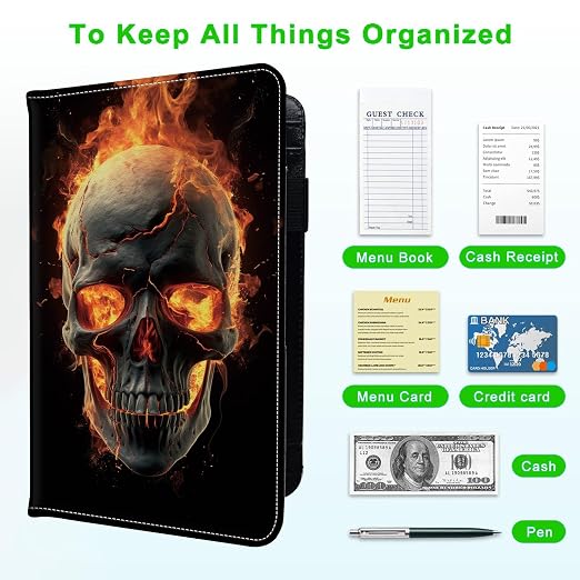 Server Books for Waitress, with 7 Large Pockets, Waiter Serving Book, Waitstaff Server Order Pads, Cute PU Leather Server Book with Pen Holder Fit Server Apron, Fire Skull - Image 5