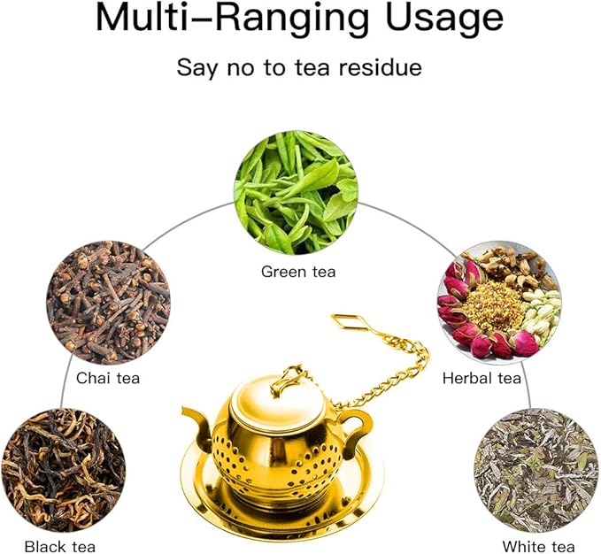 Loose Leaf Tea Infuser Ball Set of 4 Stainless Steel Tea Strainer with Chain and Drip Trays, Tea Filter for Mug and Cup (Gold)