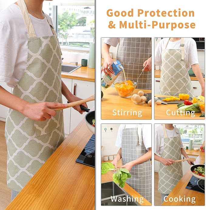 Tosewever 2 Pack Cotton Adjustable Bib Apron for Women, Cooking Kitchen Aprons with Pockets BBQ Drawing, Mom Woman Men Chef (Cotton - Grey/Green, 2) - Image 6