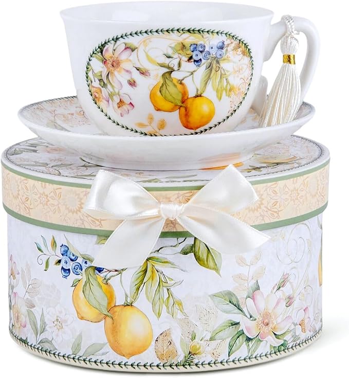 STP GOODS Bone China Tea/Coffee Cup and Saucer in Gift Box Fine Bone China Coffee Cup with Saucer Tea Cup Set of One (Lemon)