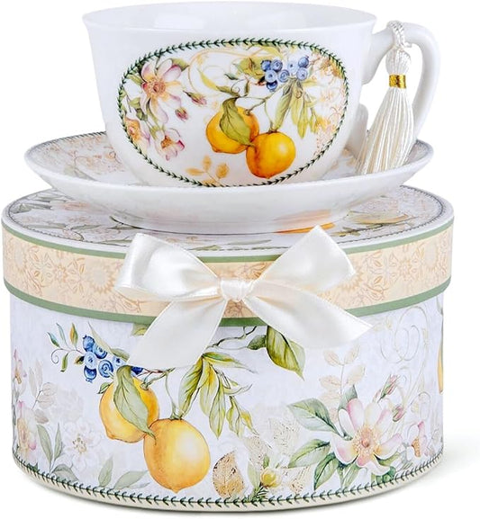 STP GOODS Bone China Tea/Coffee Cup and Saucer in Gift Box Fine Bone China Coffee Cup with Saucer Tea Cup Set of One (Lemon)
