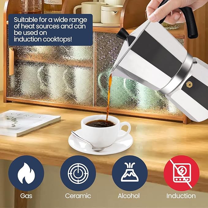 3 Cup Moka Pot Aluminum 150ml Italian Coffee Maker Stovetop Espresso CoffeeMakers Mocha Pot Percolator for Electric Ceramic Stove Classic Greca Cafe Makers Portable for Easy Brewing