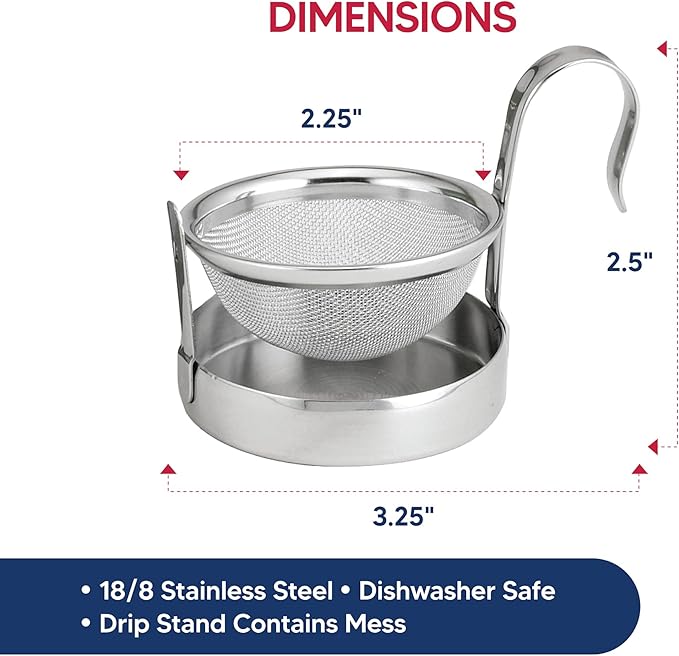 HIC Kitchen Tip Tea Strainer, 18/8 Stainless Steel, Loose Leaf Tea Filter With Drip Tray, Mess-Free Tea Serving, Set of 2