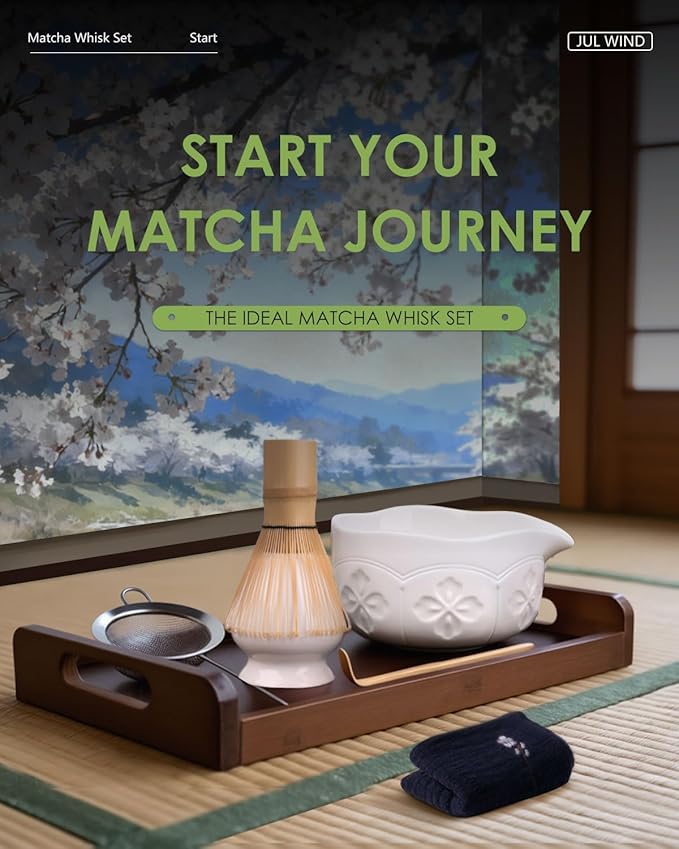 Matcha Whisk Set, Ceramic Matcha Bowl with Spout, Bamboo Whisk, Scoop, Sifter, Holder, Tea Towel - 6Pcs Matcha Kit Gift for Matcha Lovers Beginners (White)