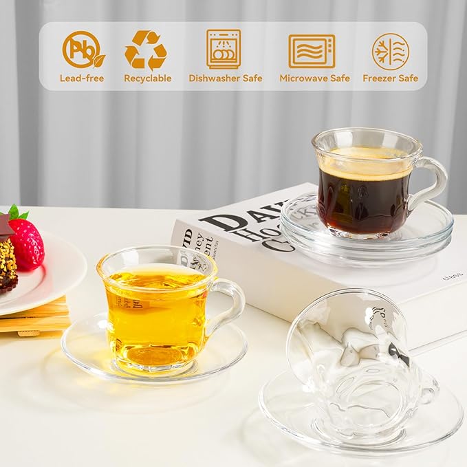 Glass Tea Cups and Saucers Set of 6, Clear Coffee Mugs with Stainless Steel Spoon, Dishwasher & Microwave Safe Teacups for Espresso Cappuccino Latte Tea Juice, 6OZ/180ML