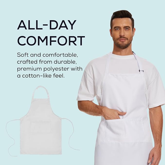 Will Well Kitchen 2 Pack Bib Apron For Men & Women with 2 Pockets - White | Unisex 33'' x 27'' Oil & Water Resistant Soft Kitchen Chef Apron with Adjustable Neck Strap & 38'' Waist Ties for Snug Fit - Image 4