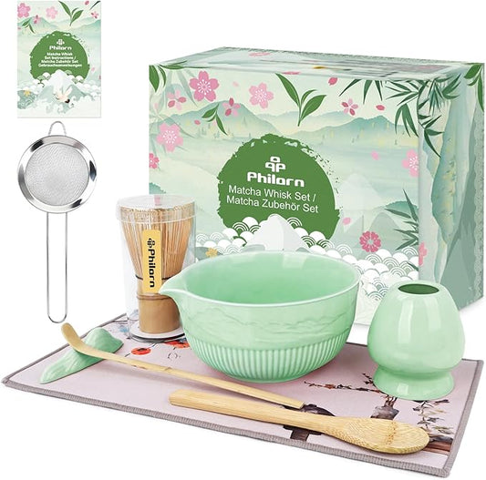 PHILORN Matcha Whisk Set, 9Pcs Ceramic Macha Kit, Matcha Set Whisk and Bowl with Spout, Whisks, Holder, Bamboo Scoop, Scoop Rest, Sifter and Tea Towel for Macha Lover (Cyan)