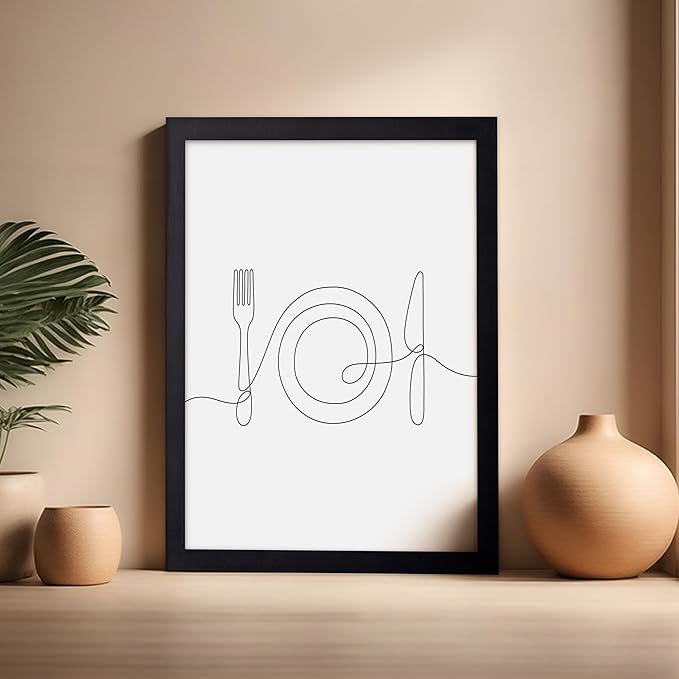 Poster Master Vintage Minimalist Poster - Retro Illustration Print - Fork, Plate, Knife, Line Drawing, Simple - Gift for Artist, Friend - Wall Decor for Kitchen, Restaurant, 16x20 Black Framed