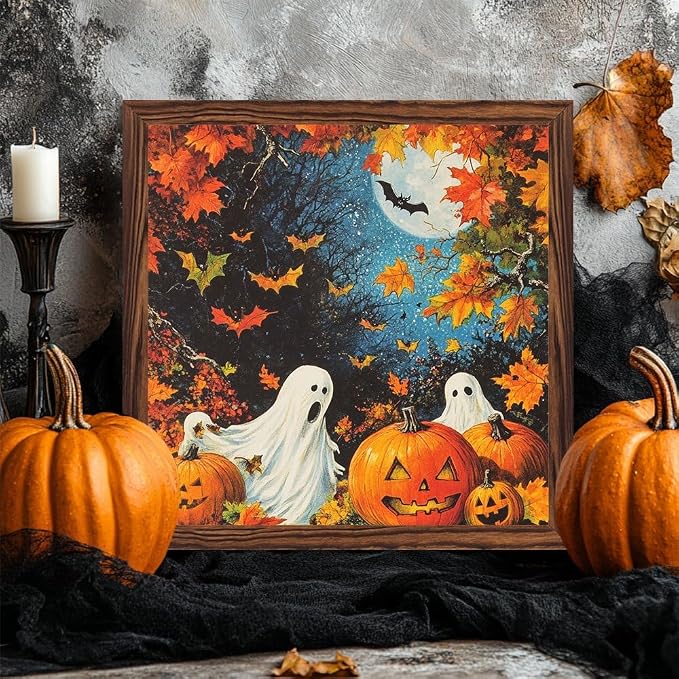 Vintage Halloween Theme Decorative Sign Spooky Ghosts & Pumpkins Art Wooden Sign, With Frame Fall Theme Sign for Home Office, Cafe, Bedroom Halloween Decor 7.87x7.87 Inch - Image 2