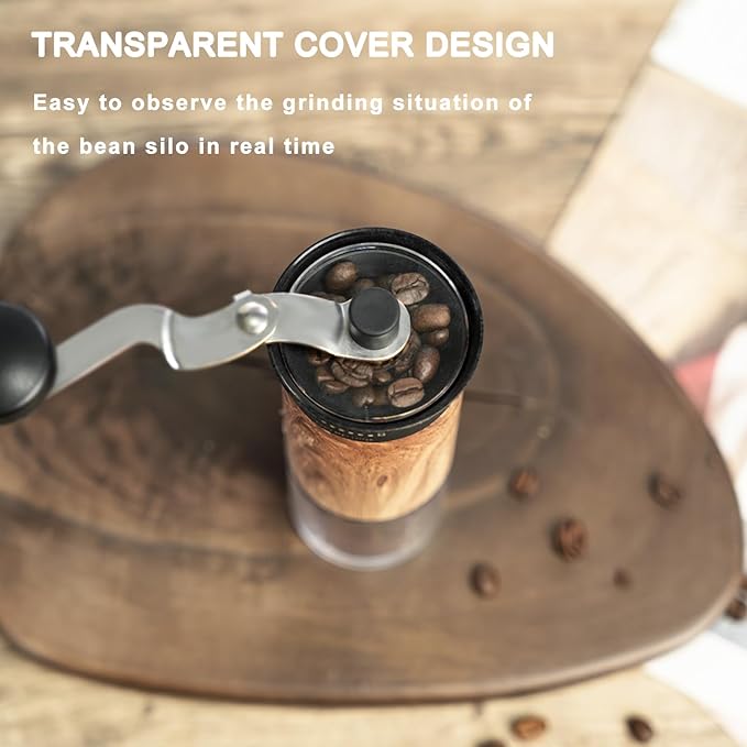 Manual Coffee Grinder with Externally Adjustable 56 Precise Grind Settings,Foldable Long Handle,Wood Grain Body & Ceramic Burr, Portable Coffee Bean Grinder for Espresso,Pour Over,French Press,Travel