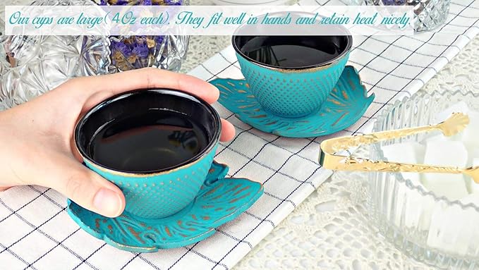 4pc Japanese Tea Cups Set. Turquoise/Gold Cast Iron Tea Cup Set, 2 Tea Cups and Saucers. 4oz Teacup Set For Any Japanese Tea Set or Teapot.