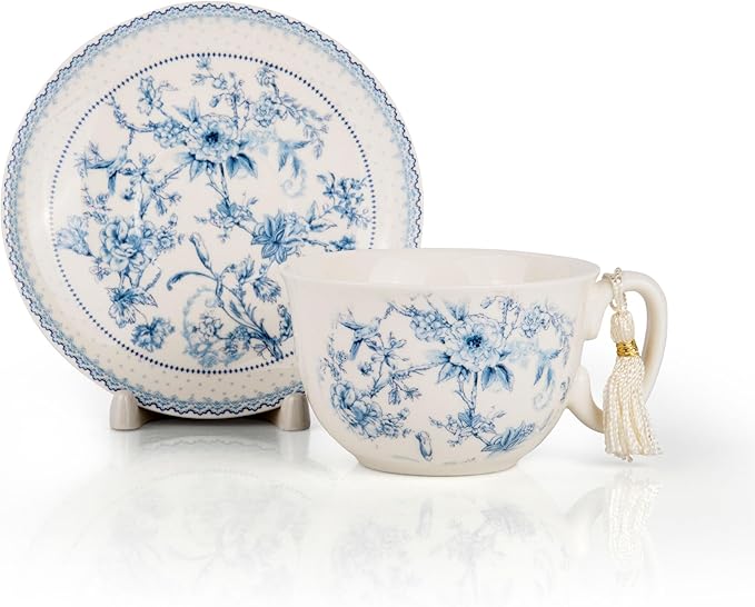 STP GOODS Blue Flowers Bone China Cup and Saucer Set in Gift Box (Blue)