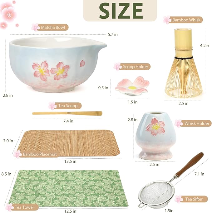Matcha Whisk Set with Tray 8pcs, Matcha Kit includes Matcha Bowl, Matcha Whisk (Chasen), Whisk Holder, Scoop(Chashaku), Bamboo Placemat, Sifter, Tea Cloth Chakin，Blue & Pink