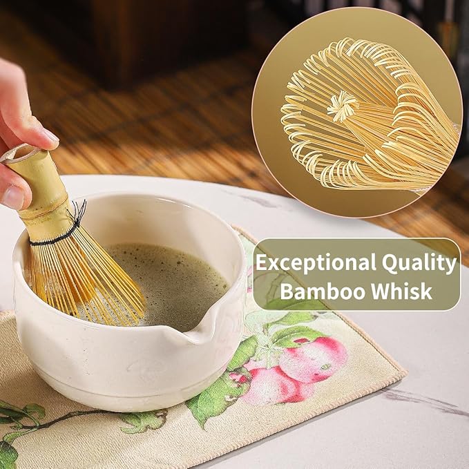 Matcha Set, 8-Piece Ceramic Matcha Bowl & Whisk Kit with Mushroom Pattern, Traditional Japanese Chawan, Bamboo Chasen, Scoop & Sifter, Gift for Tea Lovers, Zen Tea Ceremony Accessories (white)
