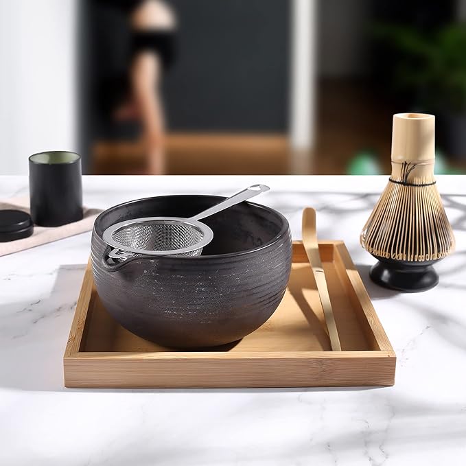 Traditional Matcha Bowl and Whisk Rest (Reshaper) - Handmade Modern Ceramic Matcha Green Tea Ceremony Essential Matcha Kit- 22oz Big Salad Porridge Juice Bowl Cup (Apple Green)
