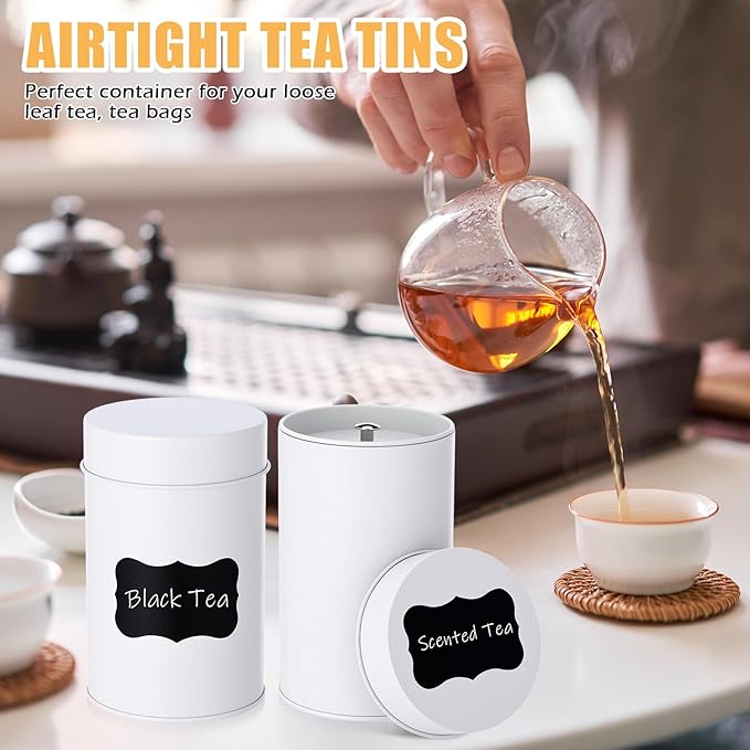 Tanlade 6 Pcs Tea Tin Canister with Airtight Double Lids, 14 oz Tea Containers with 1 Erasable Chalk Marker and 16 Stickers Tin Can Box for Loose Leaf Coffee Sugar Candy Spices