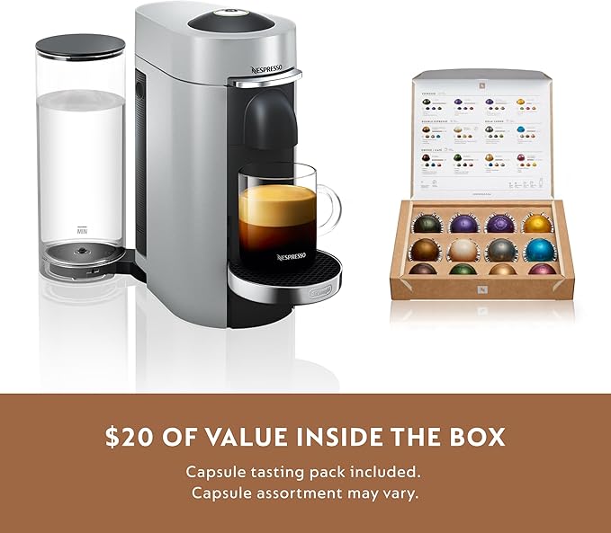 Nespresso Vertuo Plus Deluxe Coffee and Espresso Maker by De'Longhi, Titan with Aeroccino Milk Frother, 110 Volts