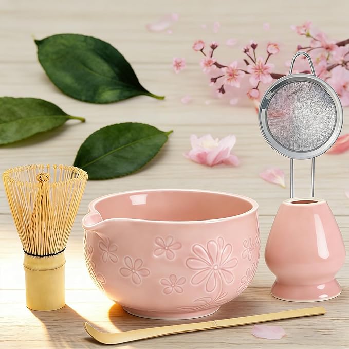 Matcha Whisk Set, Pink Ceramic Matcha Making Kit with Traditional Bamboo Whisk, Matcha Bowl, Scoop, Sifter and Stand, Authentic Japanese Style Matcha Set for Perfect Homemade Matcha Tea