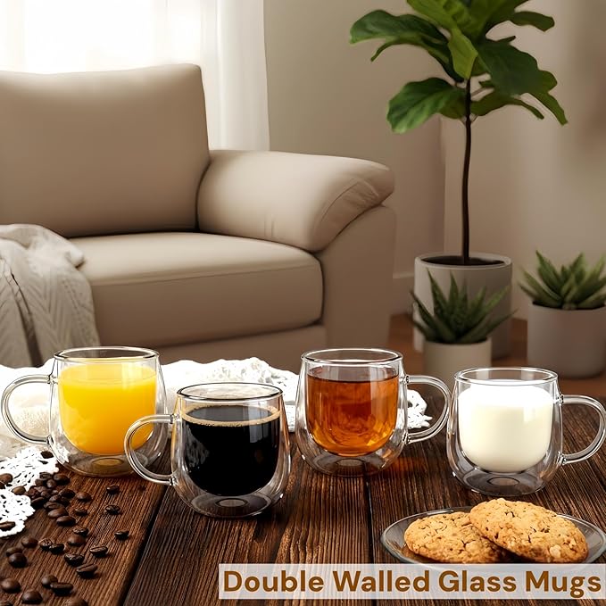 Glass Coffee Mugs Set Of 2, 10oz Double Walled Insulated Glass Mugs with Handle and Coaster, Heat Resistant Borosilicate Clear Glass Cups for Espresso Latte Cappuccino, Tea Bag, Beverage