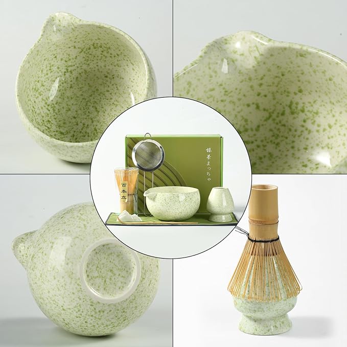 Matcha Whisk Set, Ceramic Matcha Bowl with Spout, Bamboo Whisk, Scoop, Holder, Sifter, Tea Towel, 7-Piece Artisan Wave Matcha Kit Set for Making Breakfast/Latte, Round Green, Large