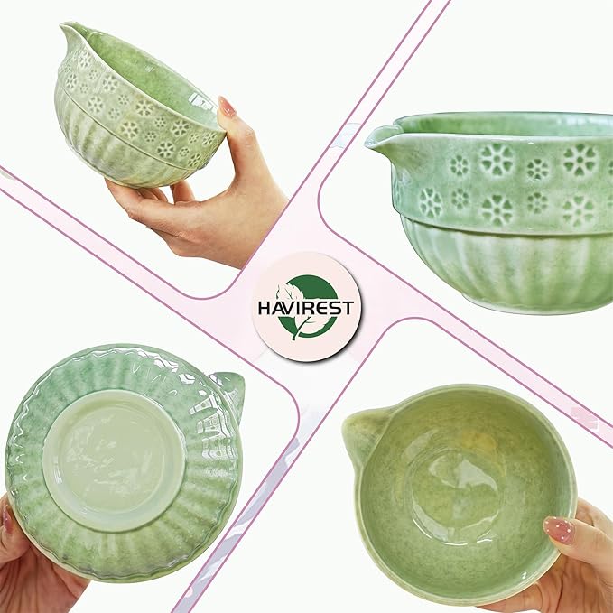 HAVIREST 10 pcs Matcha Whisk Set, Ceramic Bowl and Whisk Stand Spoon Holder Sifter Mat Towel, Japanese Ceremonial Grade Macha Tea Tool Kit, Gift for Women Match Starter Lover (Green)