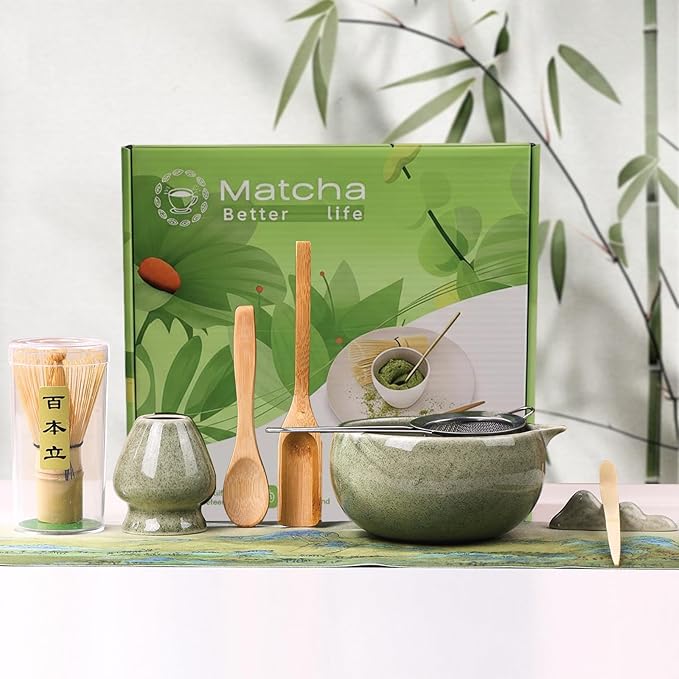 8 Pcs Matcha Whisk Set Chasen Matcha Whisk Bamboo Bowl with Spout Sifter Spoon Scoop Whisk Holder Bamboo Mat Complete Matcha Making Kit (9pcs-green)