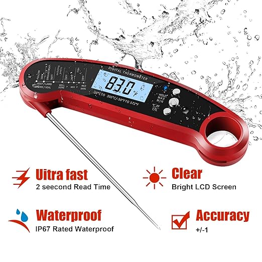 Digital Instant Read Food Thermometer with Backlight, LCD Display, Calibration Function, Built-in Bottle Opener for Grilling, BBQ, Turkey, Candy, Liquid Temperature Measurement, Red
